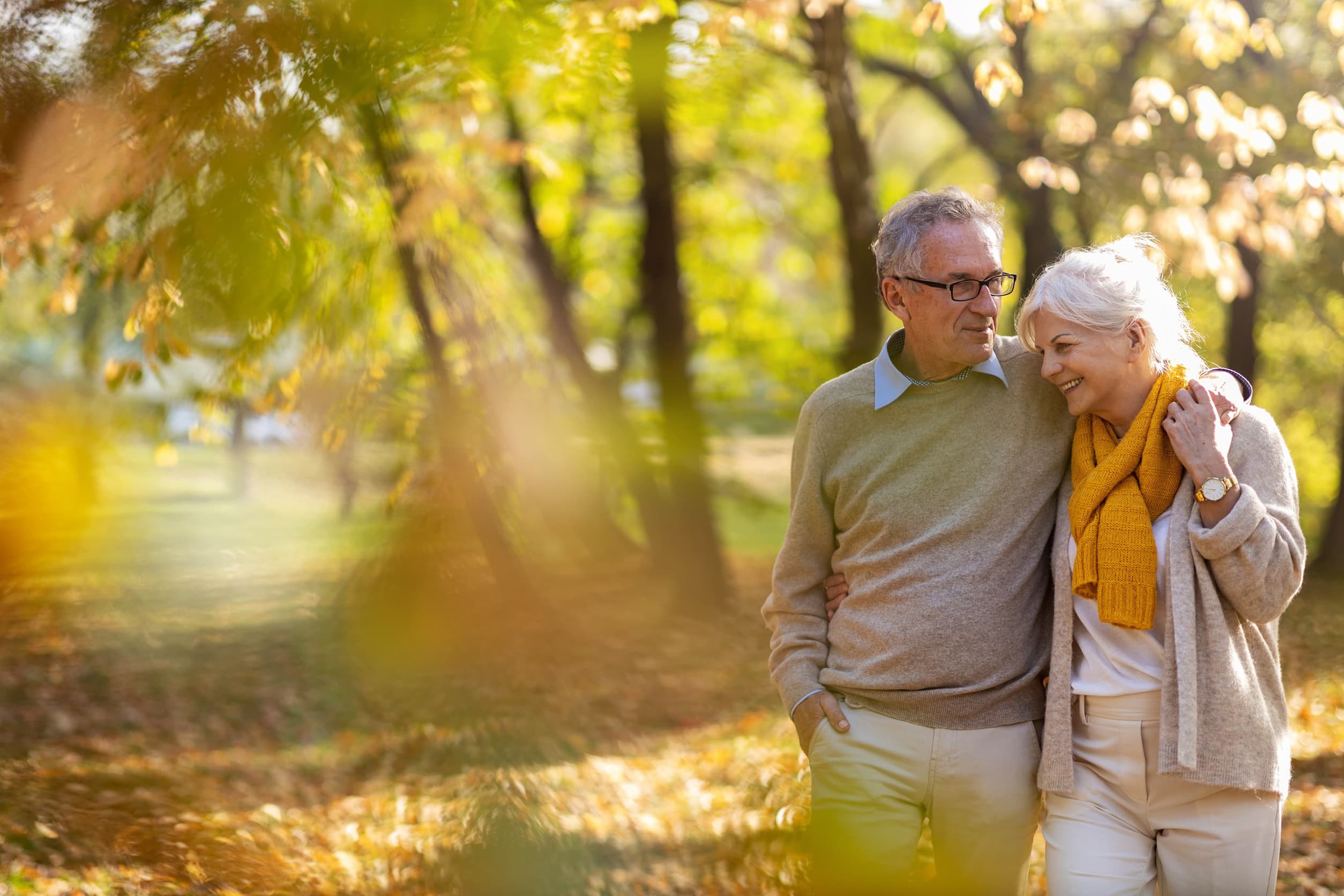 Happy senior couple in autumn park